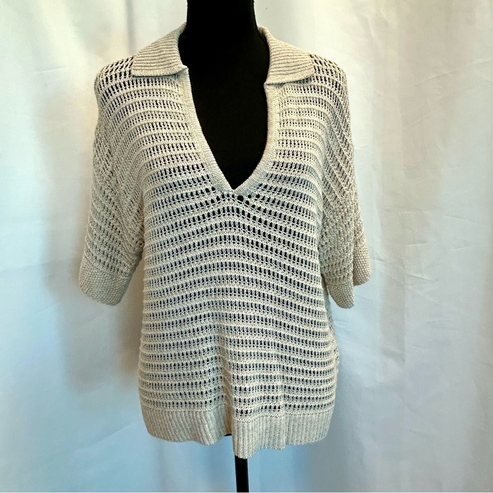 MAX STUDIO V-neck Knit Sheer Polo Sweater In Oyster-oyster Sz S NWT